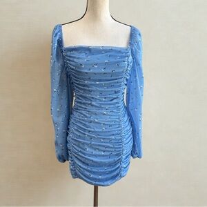 Ditsy Floral Blue Ruched Long Sleeve Mini Dress